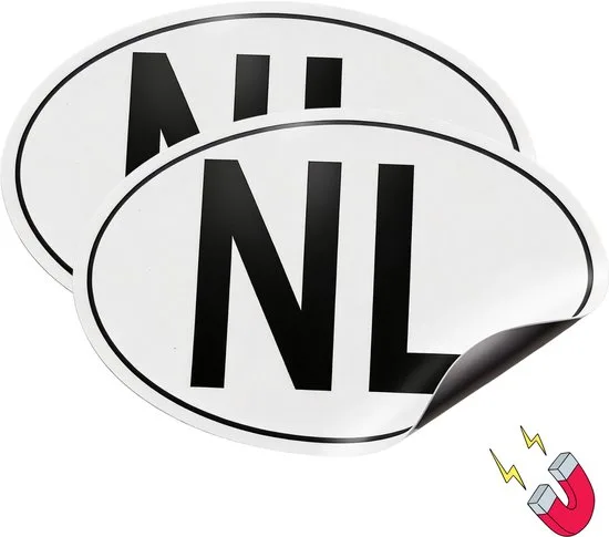 Twee NL-magneten, wit ovaal met zwarte letters